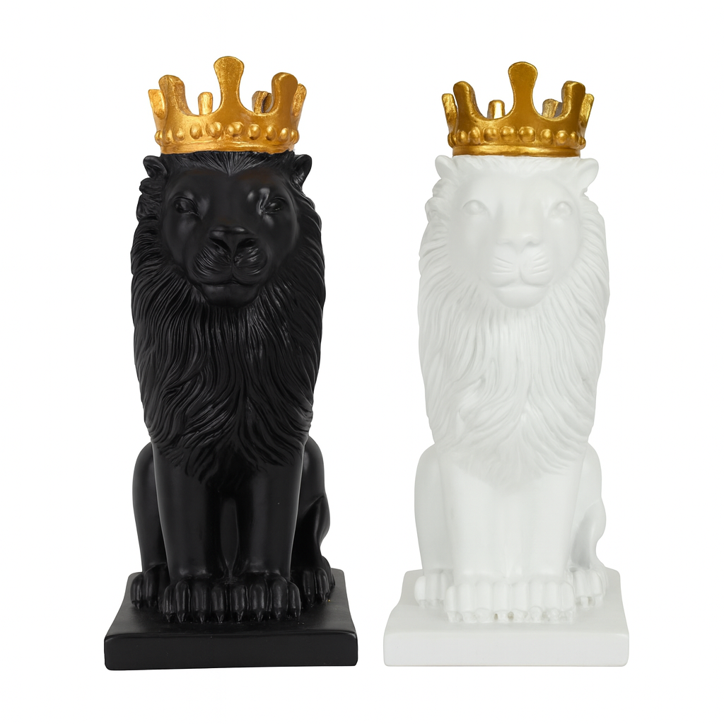 DailyAlley White & Black Lion King Statue Set of 2 (11 Inch) – Premium Polyresin Royal Lion Showpiece with Gold Crown | Modern Home Decor, Office Desk Decoration & Luxury Gifting Dailyalley