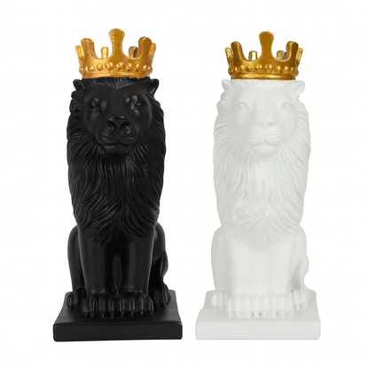 DailyAlley White & Black Lion King Statue Set of 2 (11 Inch) – Premium Polyresin Royal Lion Showpiece with Gold Crown | Modern Home Decor, Office Desk Decoration & Luxury Gifting Dailyalley