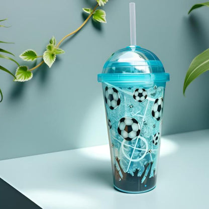 Tumbler with soccer ball design on a light blue background