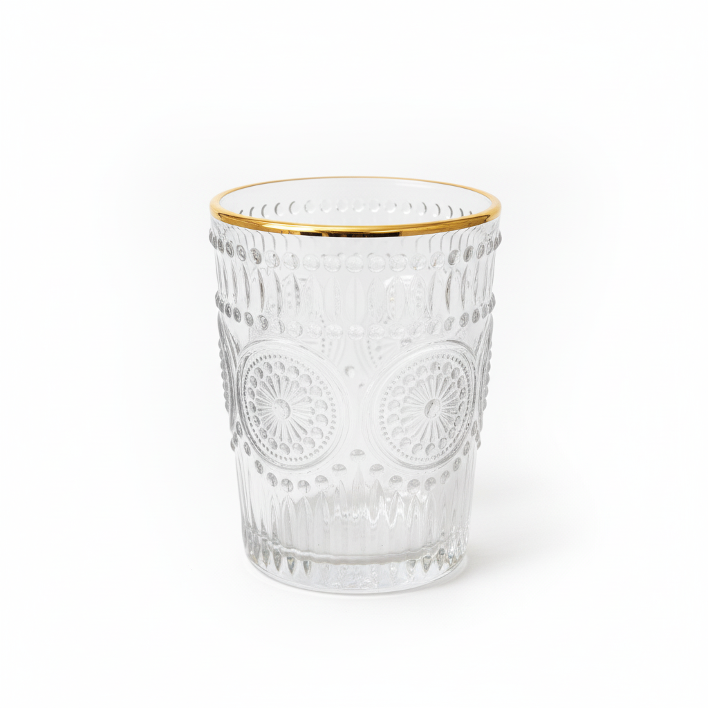 Clear glass tumbler with gold rim on a white background