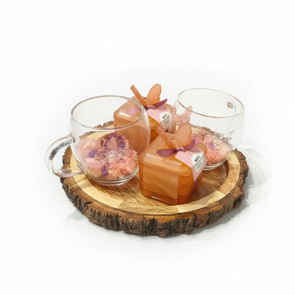 Romantic Tea & Candle Set: 2 Glass Mugs, 2 Decorative Candle Boxes on Rustic Wood Tray. Perfect Wedding Favor or Anniversary Gift. Dailyalley