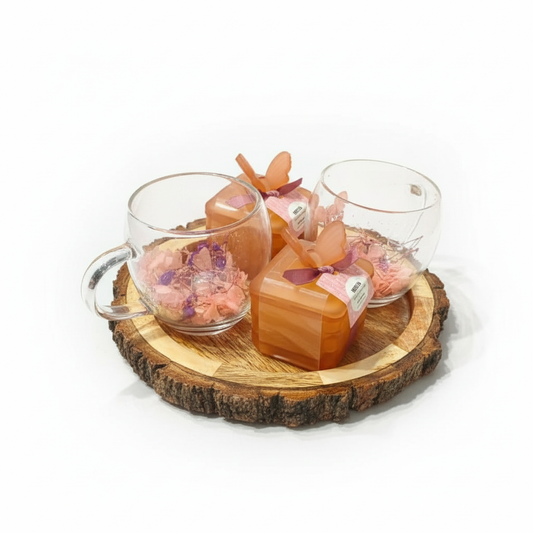 Romantic Tea & Candle Set: 2 Glass Mugs, 2 Decorative Candle Boxes on Rustic Wood Tray. Perfect Wedding Favor or Anniversary Gift. Dailyalley