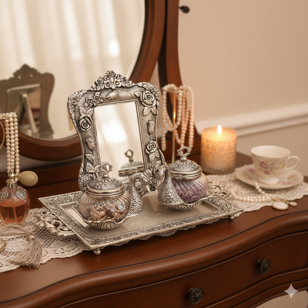 Elegant Silver Swan Vanity Set with Ornate Mirror & Lidded Glass Jars - Perfect for Jewelry or Decorative Display. Dailyalley
