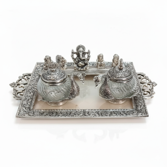 Traditional Indian Handcrafted Silver Metal and Glass Dual Peacock Kumkum Box with Deity Idols Dailyalley