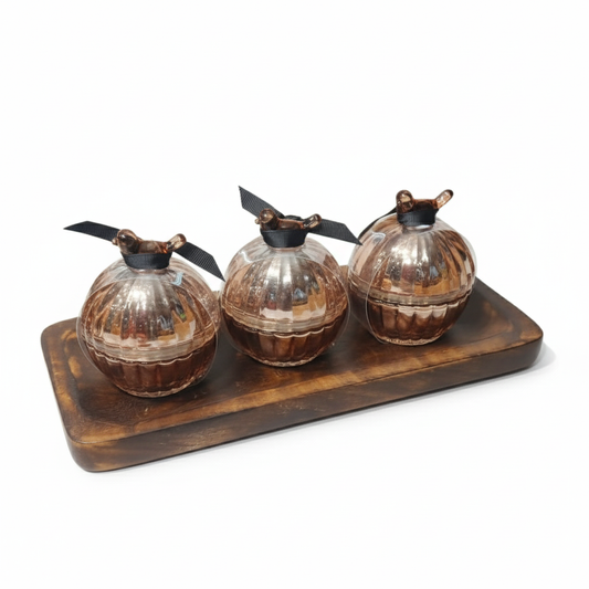 Luxury Scented Candle Trio Gift Set: Decorative Orbs on a Wooden Tray - Vanilla Bean, Lavender & Chamomile, and Rosewater & Shea Aromatherapy. Dailyalley