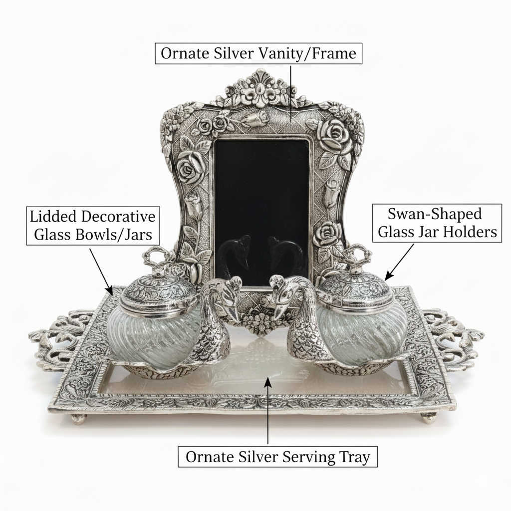 Elegant Silver Swan Vanity Set with Ornate Mirror & Lidded Glass Jars - Perfect for Jewelry or Decorative Display. Dailyalley