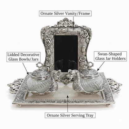 Elegant Silver Swan Vanity Set with Ornate Mirror & Lidded Glass Jars - Perfect for Jewelry or Decorative Display. Dailyalley