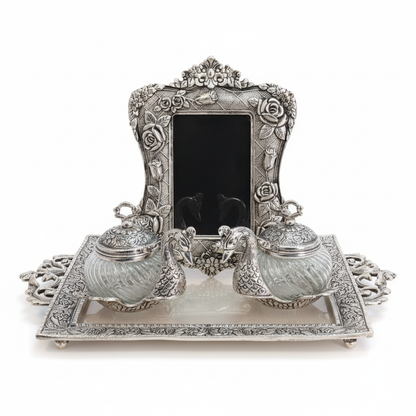 Elegant Silver Swan Vanity Set with Ornate Mirror & Lidded Glass Jars - Perfect for Jewelry or Decorative Display. Dailyalley