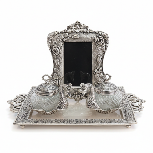 Elegant Silver Swan Vanity Set with Ornate Mirror & Lidded Glass Jars - Perfect for Jewelry or Decorative Display. Dailyalley
