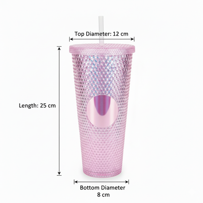 DailyAlley Pink Studded Tumbler with Straw (710ml) | Reusable Plastic Travel Mug for Iced Coffee & Cold Drinks | Textured Cup for Teens & Adults Dailyalley
