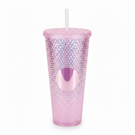 DailyAlley Pink Studded Tumbler with Straw (710ml) | Reusable Plastic Travel Mug for Iced Coffee & Cold Drinks | Textured Cup for Teens & Adults Dailyalley