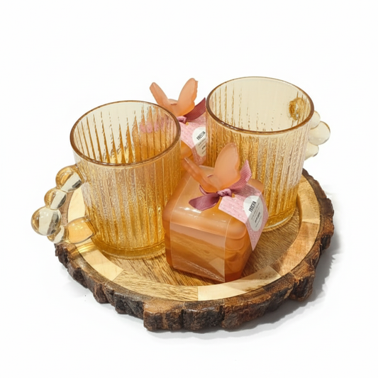 Golden Textured Glass Mug & Candle Set on Rustic Wood Tray - Perfect for cozy evenings or as an elegant gift. Handcrafted detailing and warm amber glow. Dailyalley