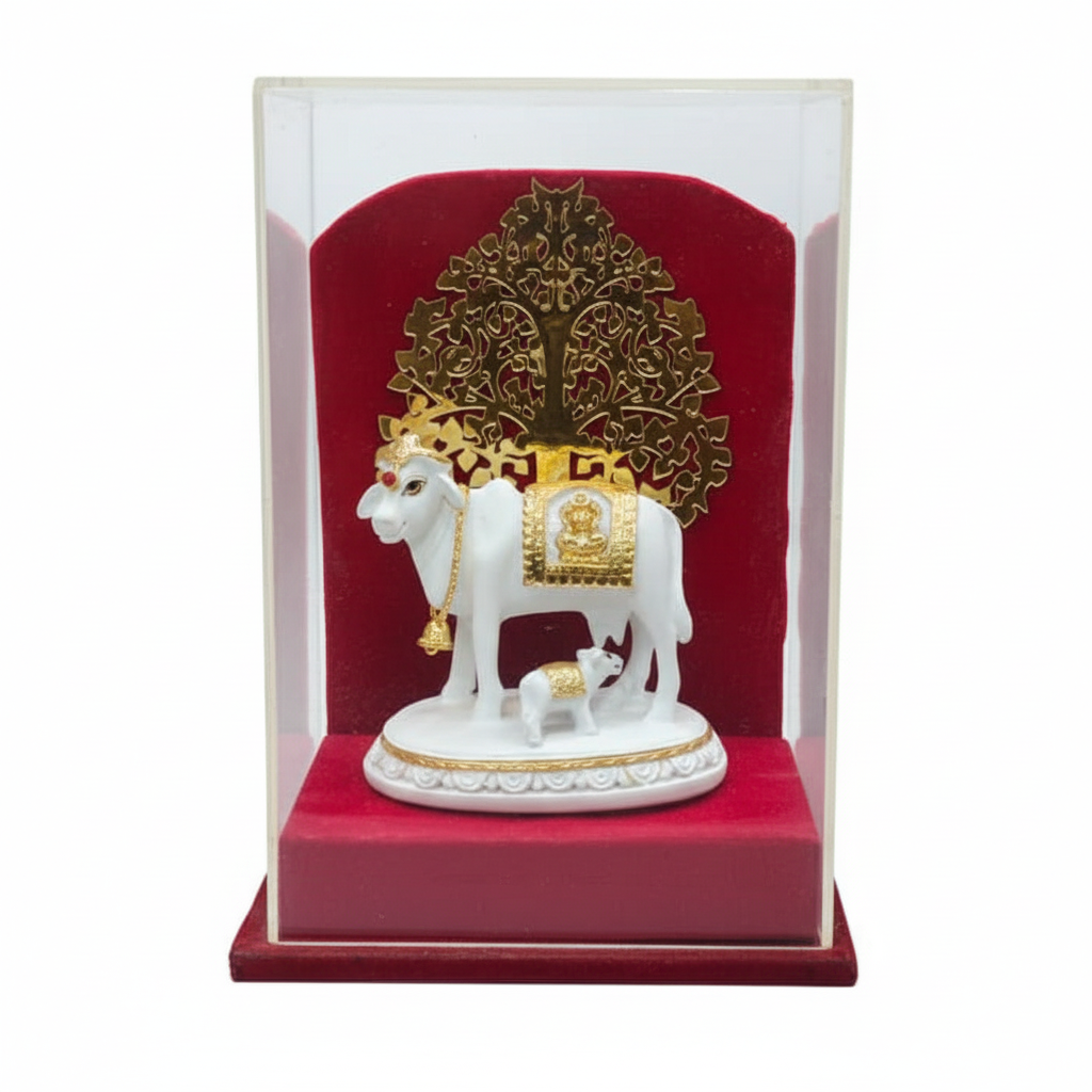 Kamdhenu Cow and Calf Idol Under Kalpvriksha Tree | Vastu Gomata Statue for Home Temple & Office Decor | Divine Cow Figurine Gift Dailyalley