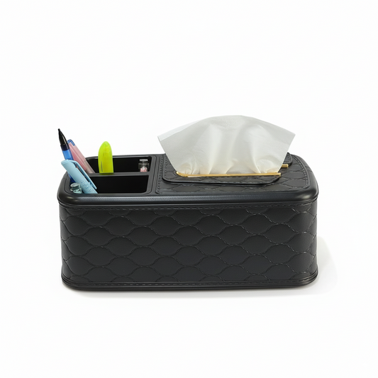 DailyAlley Tissue Box & Pen Holder - Multipurpose Organizer for Home, Office, or Car. Black storage case with 2 compartments for tissues, pens & more. Dailyalley