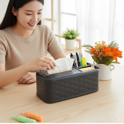 DailyAlley Tissue Box & Pen Holder - Multipurpose Organizer for Home, Office, or Car. Black storage case with 2 compartments for tissues, pens & more. Dailyalley