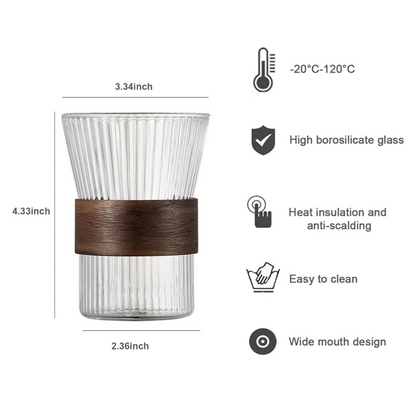Glass container with wooden band and product features on a white background