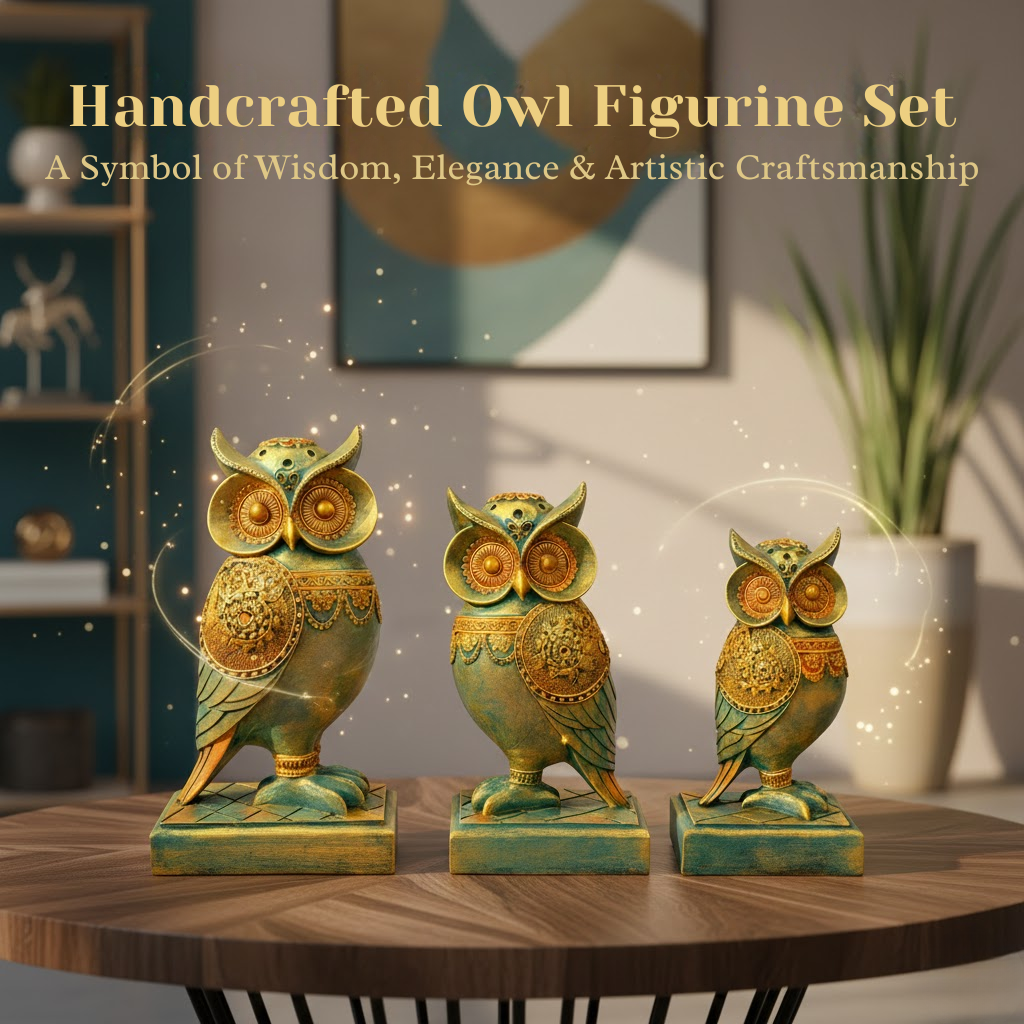 DailyAlley Vintage Owl Figurines Set | Handcrafted Antique Gold & Turquoise Owl Statues for Home Decor – 3-Piece Decorative Sculpture Collection Dailyalley