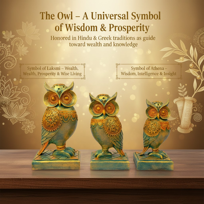 DailyAlley Vintage Owl Figurines Set | Handcrafted Antique Gold & Turquoise Owl Statues for Home Decor – 3-Piece Decorative Sculpture Collection Dailyalley