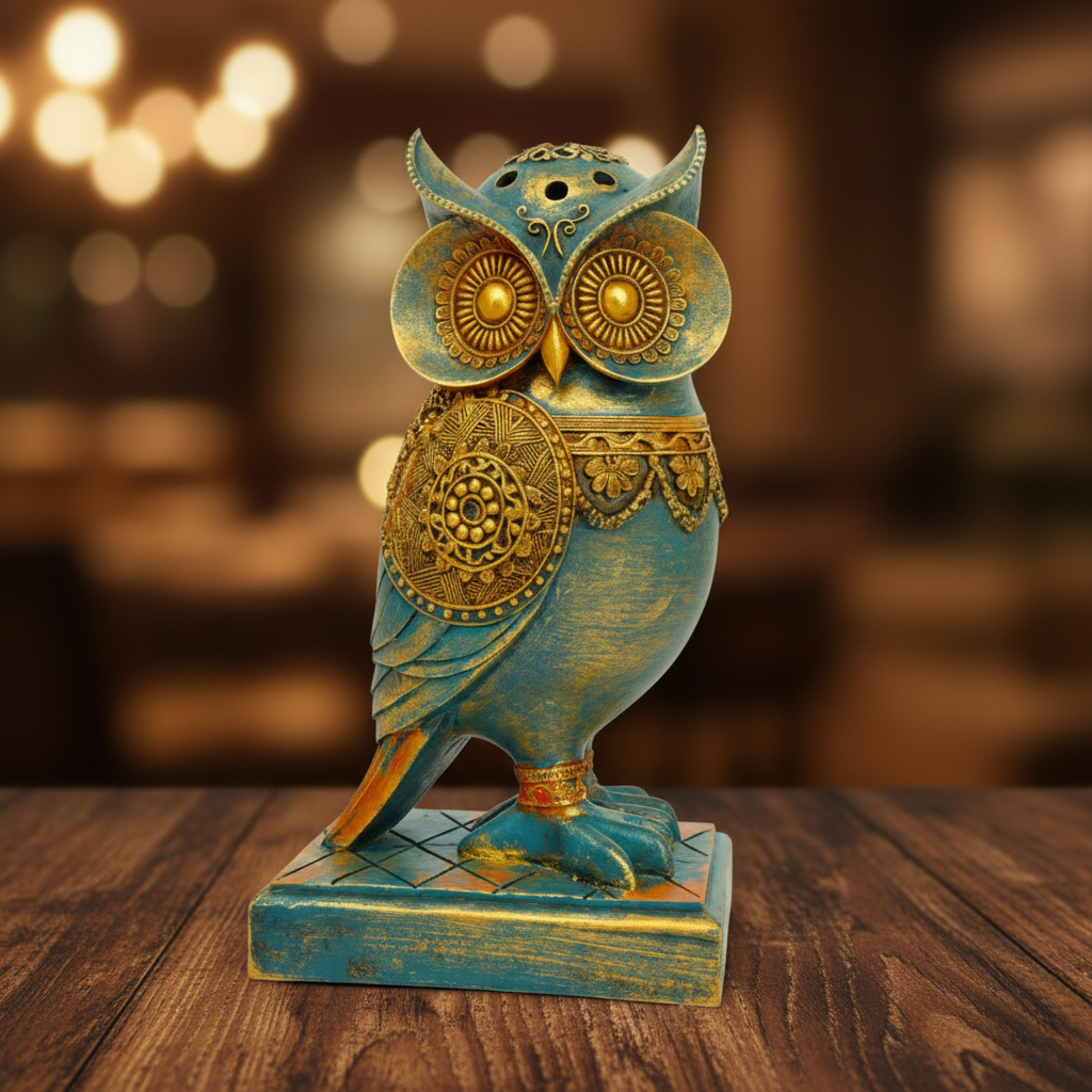 DailyAlley Small Vintage Owl Figurine | Handcrafted Decorative Owl Statue with Antique Gold & Turquoise Finish for Home & Office Decor Dailyalley
