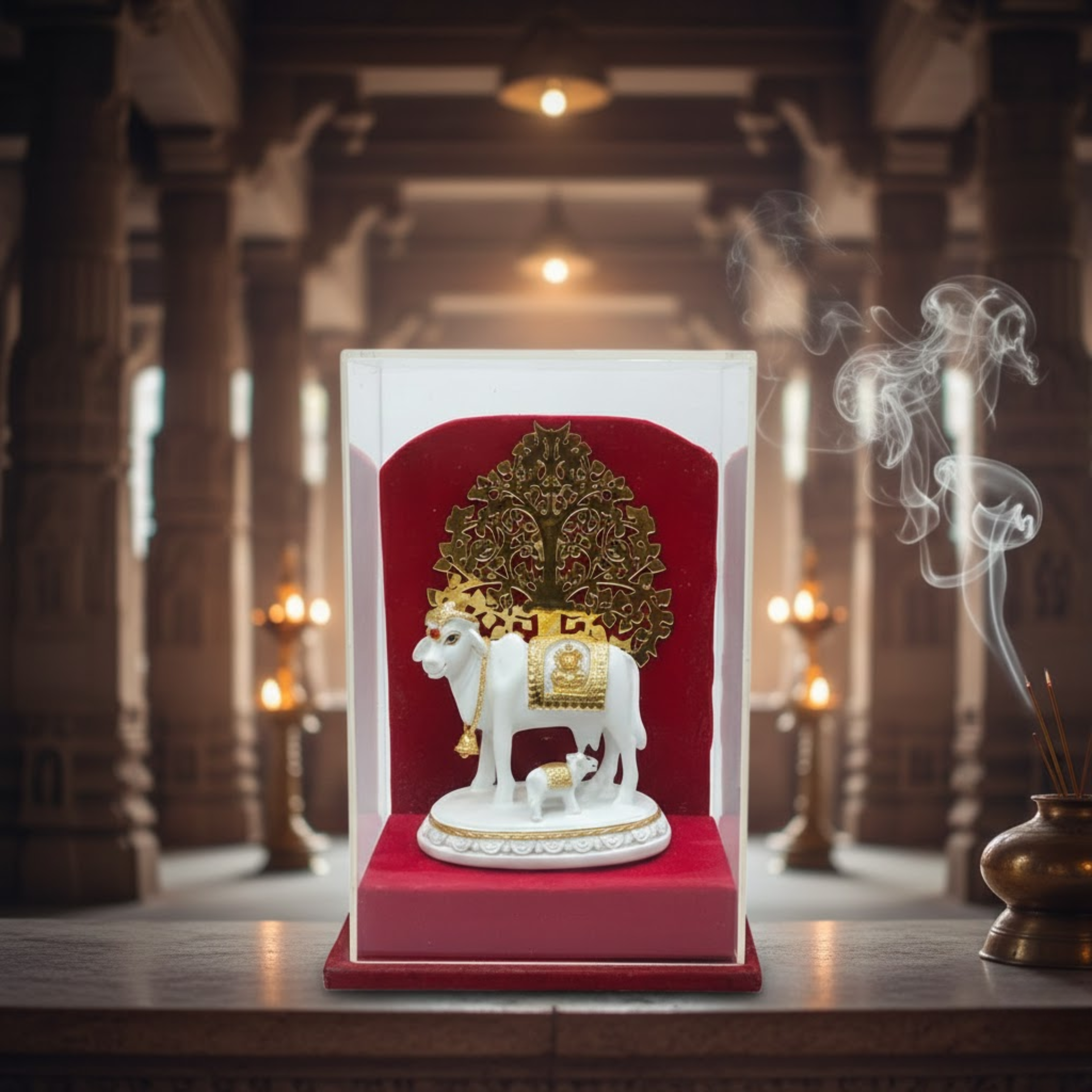 Kamdhenu Cow and Calf Idol Under Kalpvriksha Tree | Vastu Gomata Statue for Home Temple & Office Decor | Divine Cow Figurine Gift Dailyalley