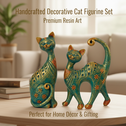 DailyAlley Decorative Cat Figurine Set | Handcrafted Resin Cat Statues with Teal Green & Antique Gold Finish, Floral Pattern Home Decor Sculptures – Set of 2 Dailyalley