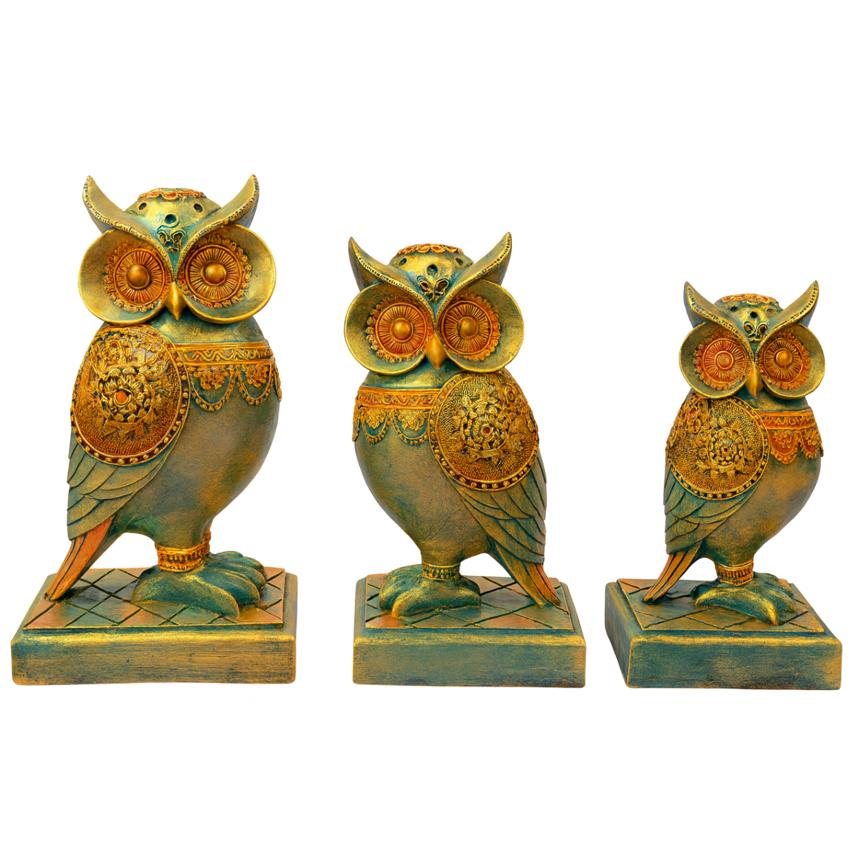 DailyAlley Vintage Owl Figurines Set | Handcrafted Antique Gold & Turquoise Owl Statues for Home Decor – 3-Piece Decorative Sculpture Collection Dailyalley