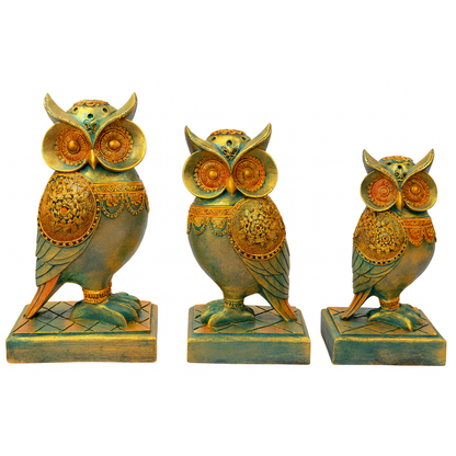 DailyAlley Vintage Owl Figurines Set | Handcrafted Antique Gold & Turquoise Owl Statues for Home Decor – 3-Piece Decorative Sculpture Collection Dailyalley