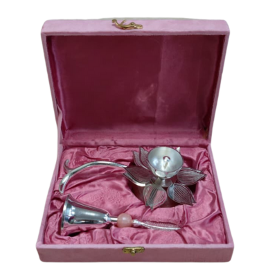 DailyAlley Silver-Plated Lotus Diya & Bell Set | German Silver Puja Items with Pink Resin Accent | Lotus Oil Diya & Ghanti in Premium Pink Velvet Gift Box | Traditional Temple Decor & Auspicious Gifting Set Dailyalley