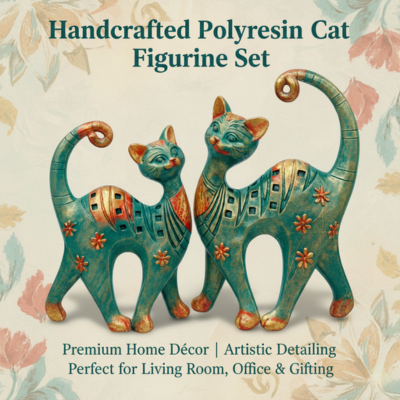DailyAlley Decorative Cat Figurine Set | Handcrafted Resin Cat Statues with Teal Green & Antique Gold Finish, Floral Pattern Home Decor Sculptures – Set of 2 Dailyalley
