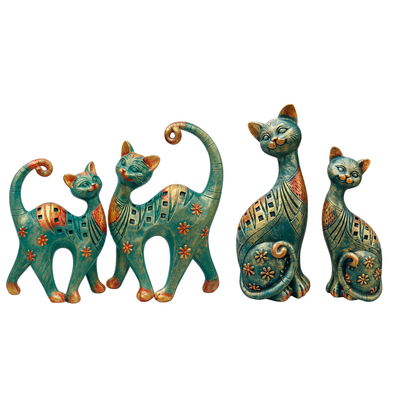 DailyAlley Decorative Cat Figurine Set | Handcrafted Resin Cat Statues with Teal Green & Antique Gold Finish, Floral Pattern Home Decor Sculptures – Set of 2 Dailyalley