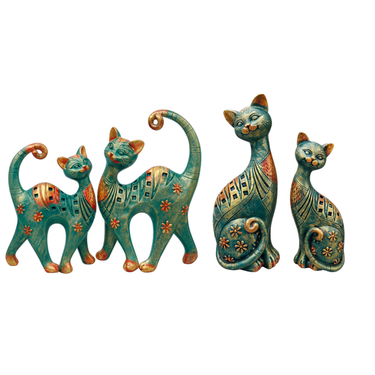 DailyAlley Decorative Cat Figurine Set | Handcrafted Resin Cat Statues with Teal Green & Antique Gold Finish, Floral Pattern Home Decor Sculptures – Set of 2 Dailyalley