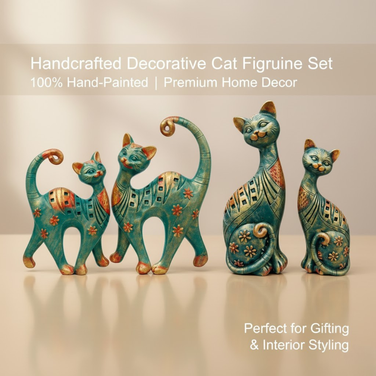 DailyAlley Decorative Cat Figurine Set | Handcrafted Resin Cat Statues with Teal Green & Antique Gold Finish, Floral Pattern Home Decor Sculptures – Set of 2 Dailyalley
