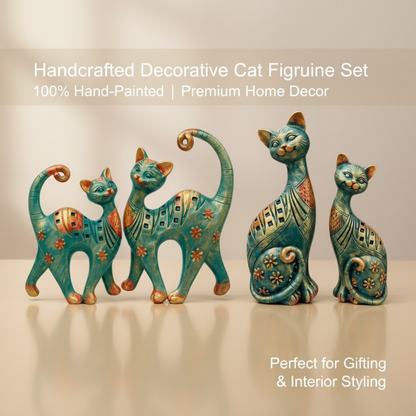 DailyAlley Decorative Cat Figurine Set | Handcrafted Resin Cat Statues with Teal Green & Antique Gold Finish, Floral Pattern Home Decor Sculptures – Set of 2 Dailyalley