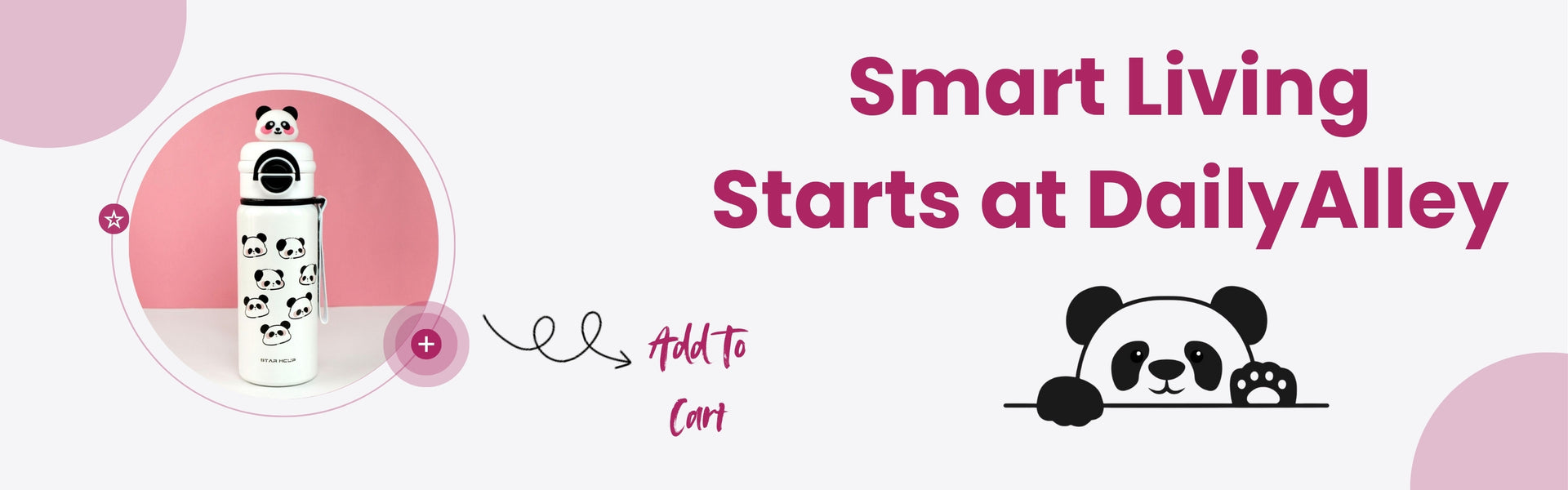 Promotional banner for Daily Alley with a panda-themed product and text on a pink background.