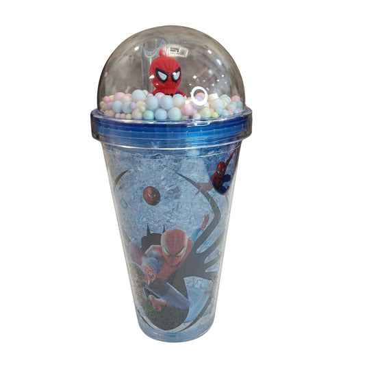 Clear tumbler with Spider-Man design filled with colorful balls on a white background