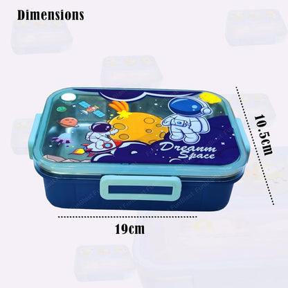 Children's lunch box with space-themed design and dimensions displayed