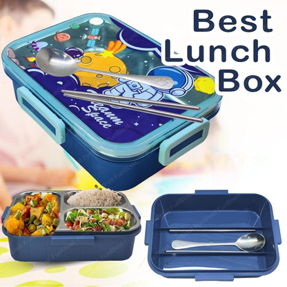 Blue lunch box with space-themed design, divided compartments, and utensils on a colorful background.