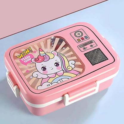 Pink lunch box with cartoon unicorn design on a light blue background