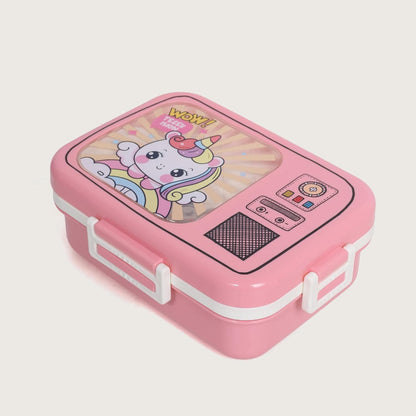 Pink lunch box with cartoon character and colorful design on a light pink background