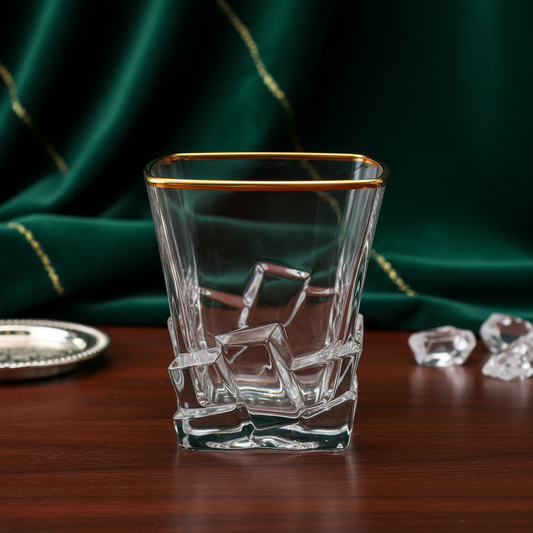 Luxury Gold-Rimmed Crystal Whiskey Tumbler – Elegant Square Rocks Glass for Premium Spirits Dailyalley
