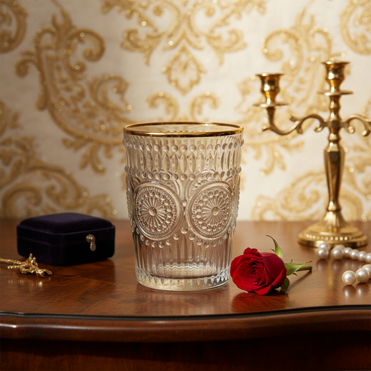 Decorative glass with gold rim on a wooden surface with a red rose and jewelry box, against an ornate wallpaper background.