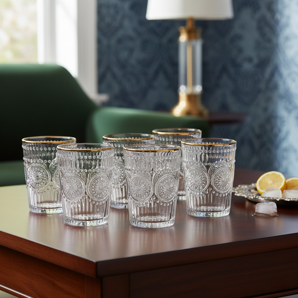 Set of six clear glass tumblers with gold rims on a wooden table.