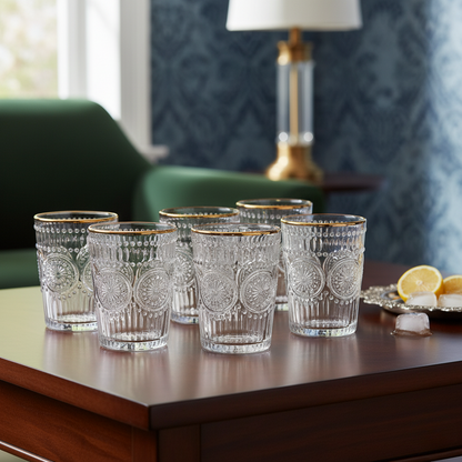 Set of six clear glass tumblers with gold rims on a wooden table.