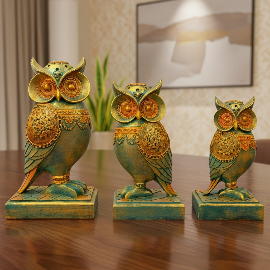 DailyAlley Vintage Owl Figurines Set | Handcrafted Antique Gold & Turquoise Owl Statues for Home Decor – 3-Piece Decorative Sculpture Collection Dailyalley