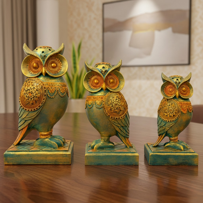 DailyAlley Vintage Owl Figurines Set | Handcrafted Antique Gold & Turquoise Owl Statues for Home Decor – 3-Piece Decorative Sculpture Collection Dailyalley