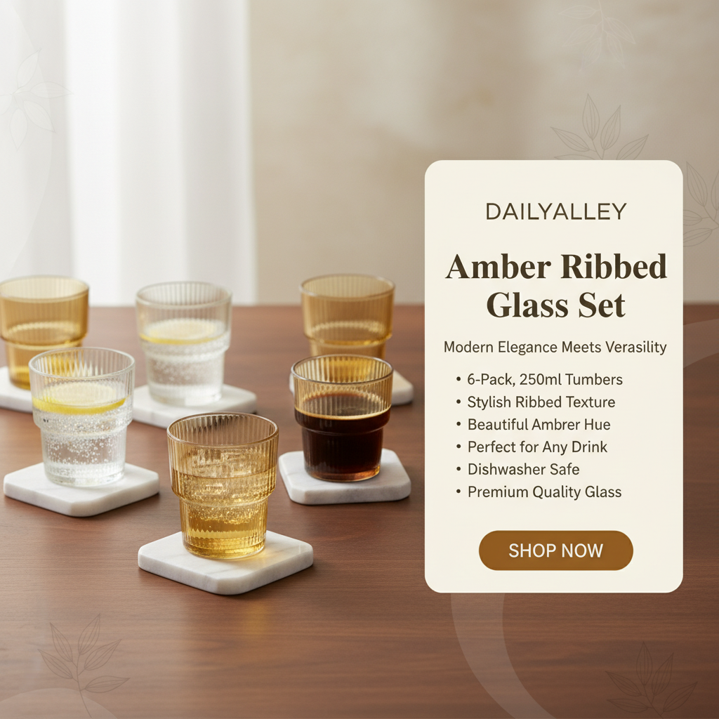 DailyAlley Amber Ribbed Glass Set (6-Pack, 250ml) | Elegant Tumblers for Water, Juice & Cocktails | Modern Dishwasher Safe Drinkware for Home Dailyalley