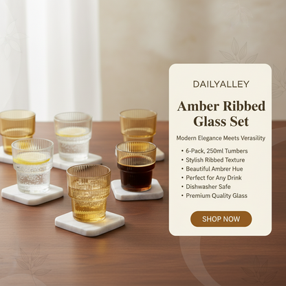 DailyAlley Amber Ribbed Glass Set (6-Pack, 250ml) | Elegant Tumblers for Water, Juice & Cocktails | Modern Dishwasher Safe Drinkware for Home Dailyalley