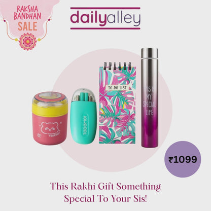 DailyAlley Raksha Bandhan Gift Set for Sister – Cute Combo with Insulated Bottle, Panda Lunch Box, To-Do Diary & Cutlery for School & Office