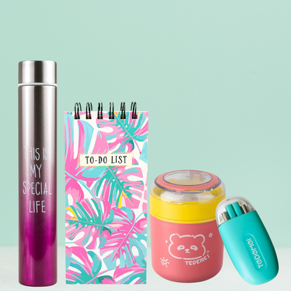 Collection of stationery items including a thermos, notebook, and containers on a light blue background